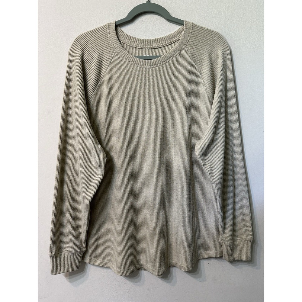 So Kohls Womens XL Ribbed Long Sleeve Top Oatmeal Beige Crewneck Pullover Stretc